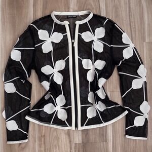 Gaby El Eden Black Floral Mesh Zip Front Jacket Top 3d flowers Y2K Size L f2